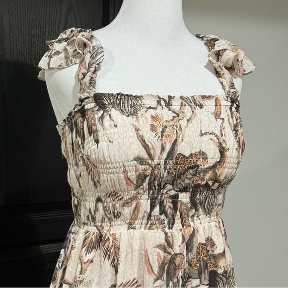 ALLSAINTS Mali Ukushisa Midi Dress Smocked Ruffle Safari Animal Print Size 10 - Picture 5 of 11